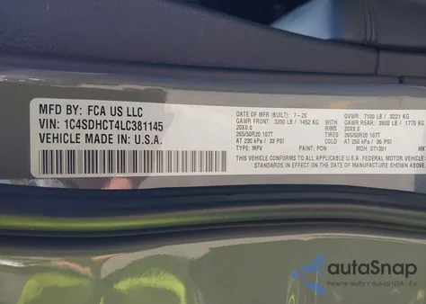 2020 Dodge Durango R/T Rwd z USA, uszkodzony, nr VIN 1C4SDHCT4LC381145